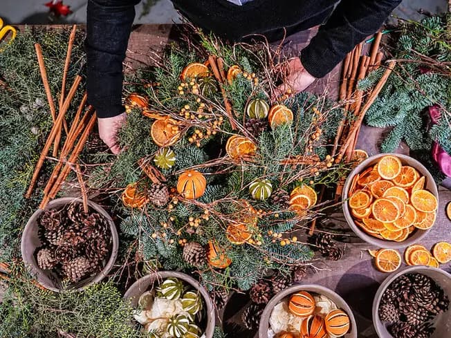 Christmas wreath-making workshop at the Moyses Stevens flower school