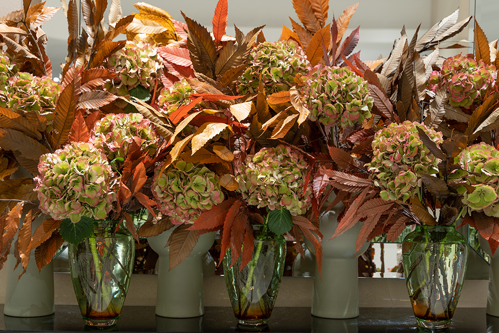 Autumnal hydrangea and seasonal foliage in a landscape of vases