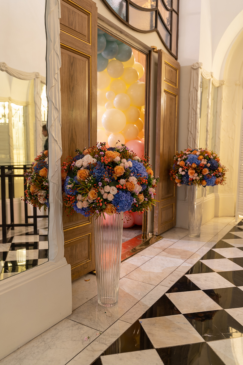 Flowers by Mouses Stevens events team at the entrance of The French Salon at Claridges